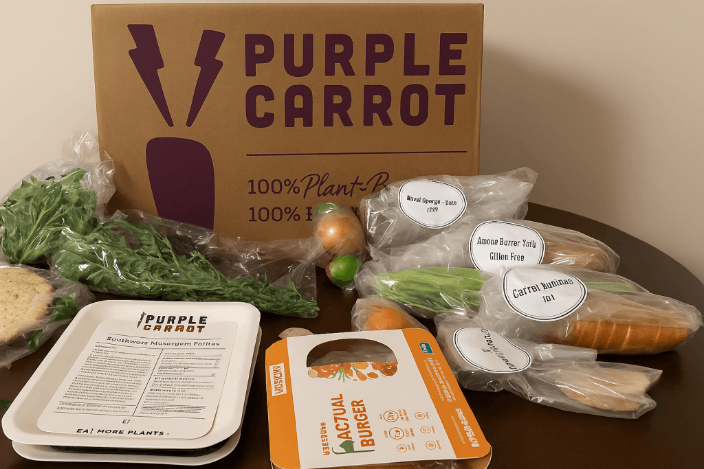 Image montage showing the unboxing process - box, insulation, ingredients, recipe card